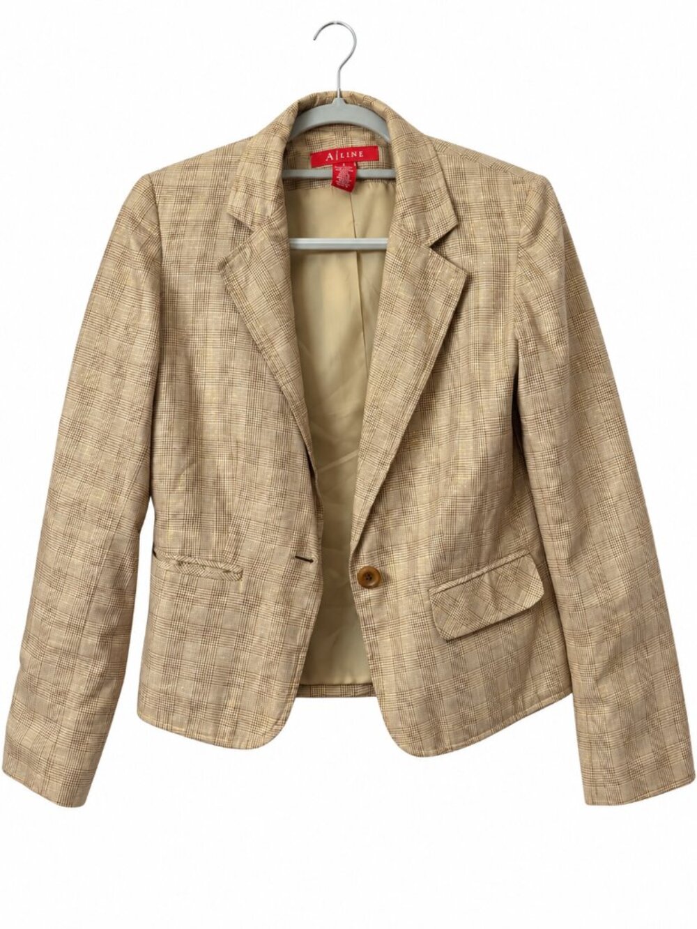 A-Line Tan & Brown Plaid Blazer with Gold Shimmer